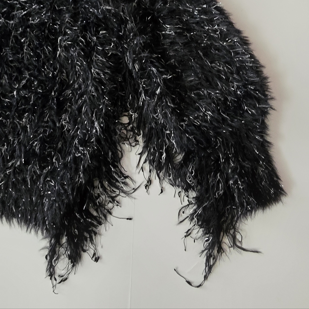 POL/Black & Silver Sparkly/Furry Eyelash Sweater/Tassel Fringe/Relaxed Fit - Picture 2 of 4